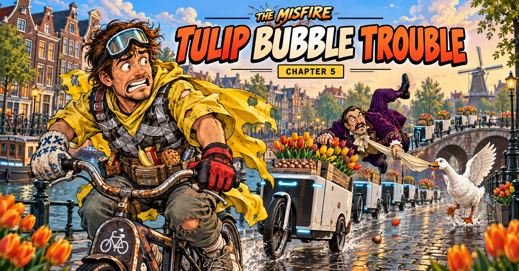The Misfire pedals past an Amsterdam canal as tulip-filled cargo bicycles, Baron Bulb, and a goose chase him.