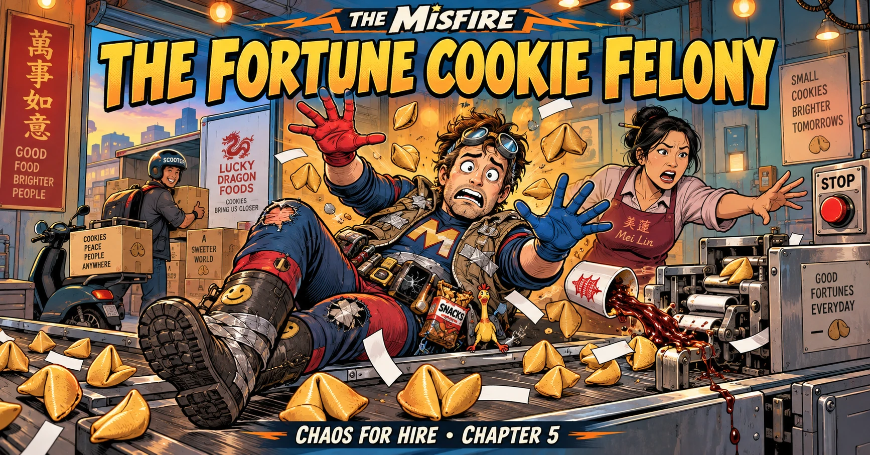 Max Mercer tumbles onto a fortune cookie conveyor as Mei Lin watches plum sauce spill into the printer.