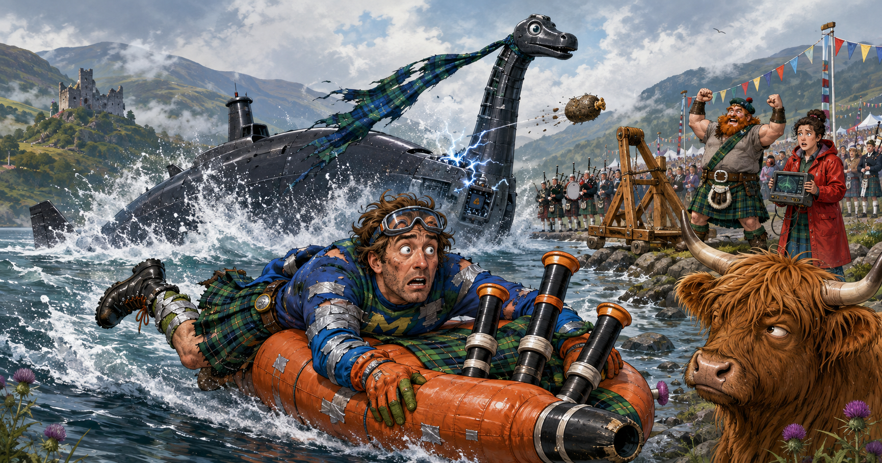 The Misfire clinging to a bagpipe raft as a mechanical Loch Ness monster submarine rises during a Scottish festival