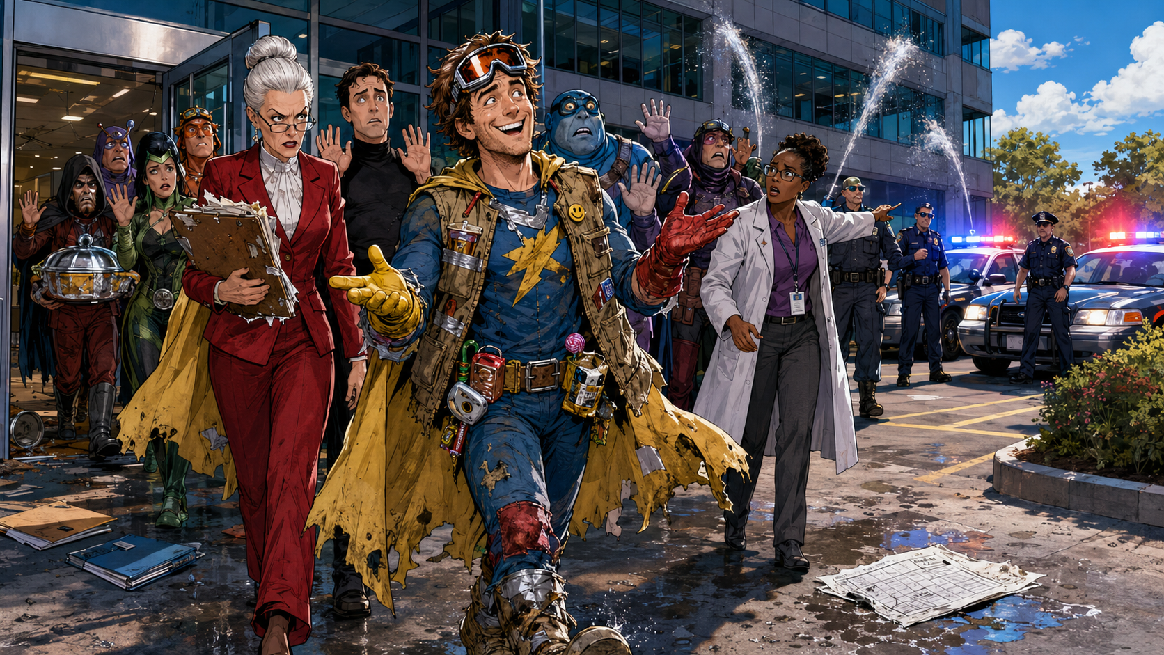 The Misfire accidentally leading supervillains from an orientation seminar into police custody