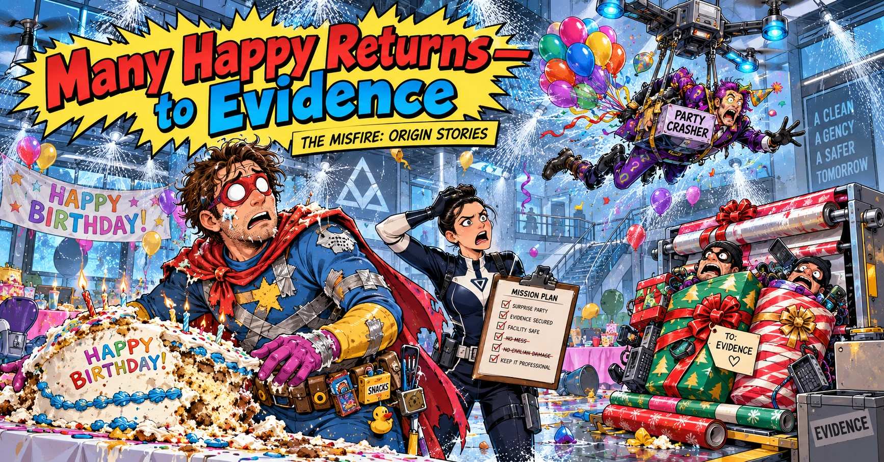 Funny superhero birthday party story featuring Max, a ruined cake, gift-wrapped villains, and the Party Crasher flying beneath a drone.