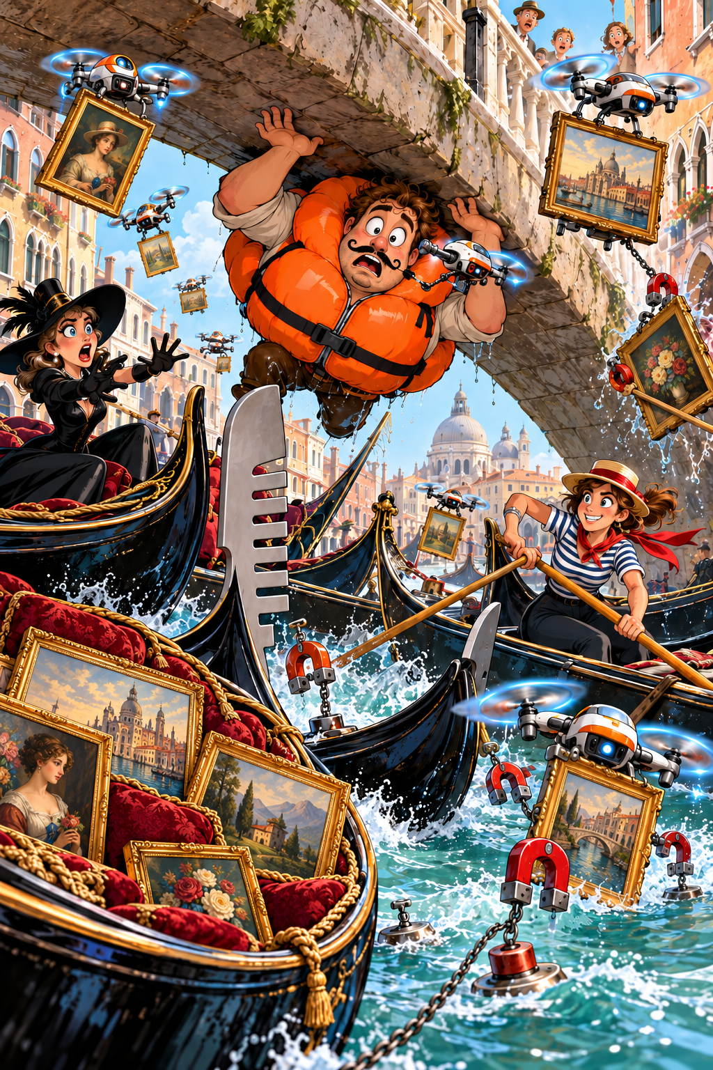 Cartoon of Max in an inflated life vest beneath a Venice bridge as painting drones swarm over a chaotic gondola pileup during an art heist.