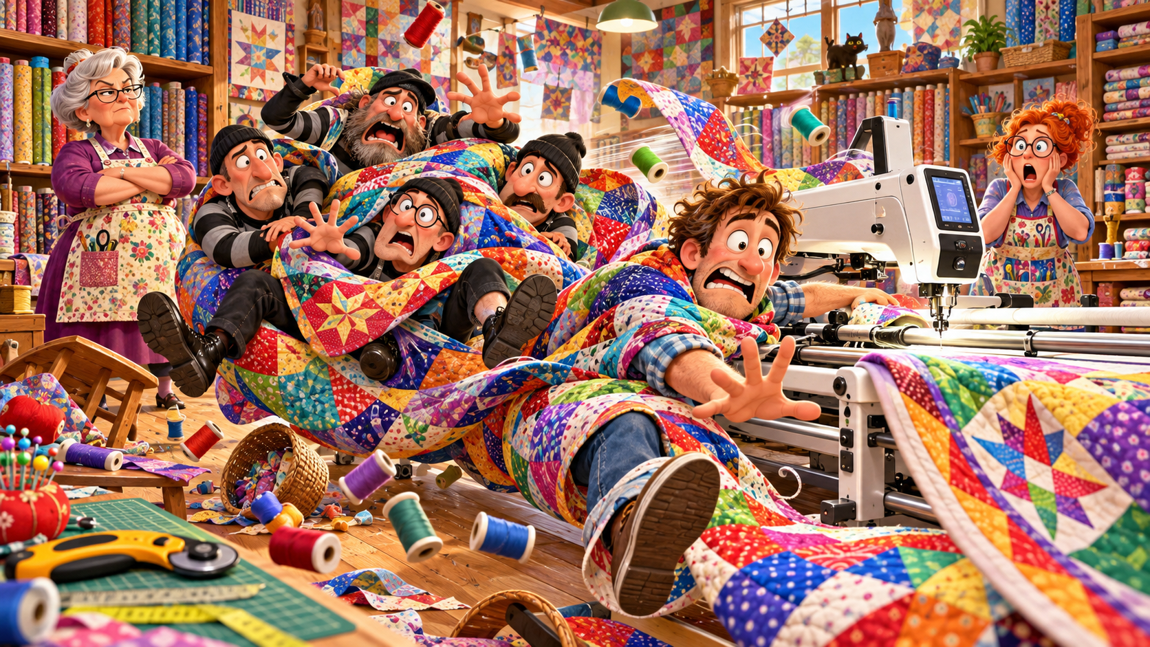 Cartoon of Max tangled in a runaway quilting machine during a funny quilt shop mystery while criminals become wrapped in a colorful quilt.